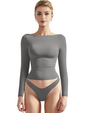 Women's Gray Crew Neck Long Sleeve Crop Top Double Lined Fitted Shirt
